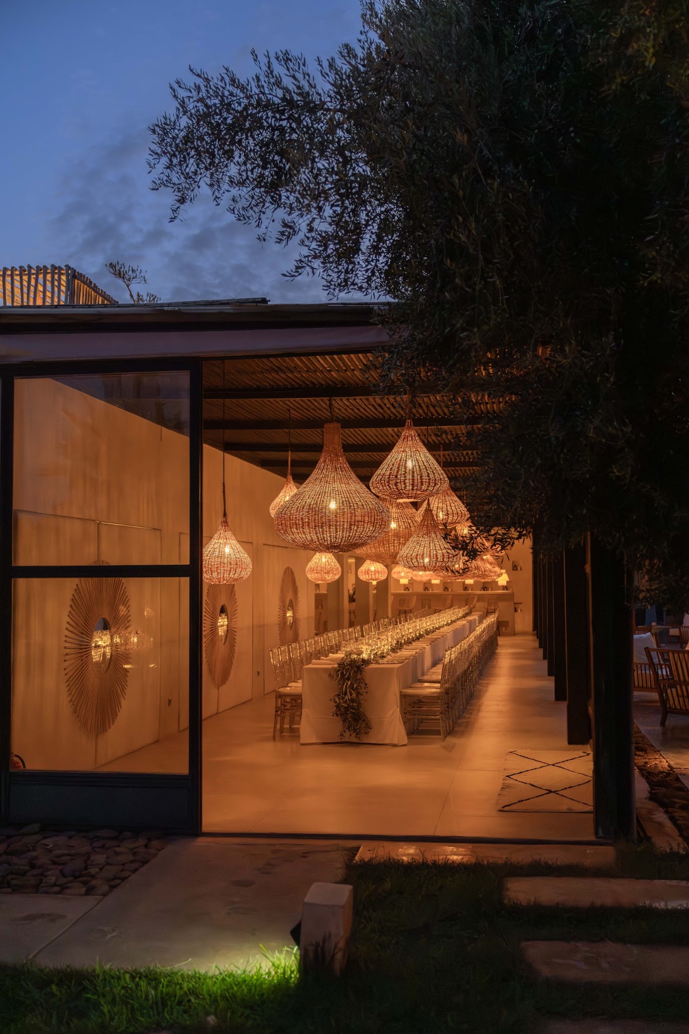 Wedding dinner in a lantern-lit reception room in Marrakech